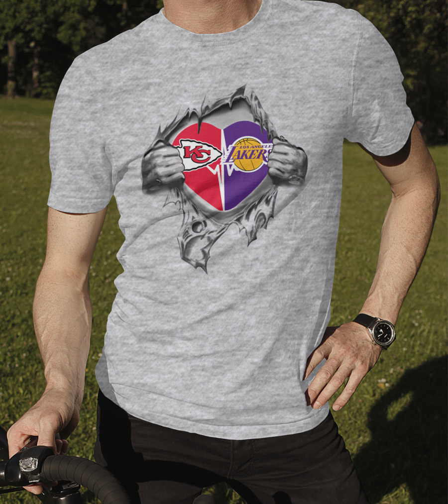 Kansas City Chiefs Los Angeles Lakers Heart Logo With Hands Ripping Through T-Shirt