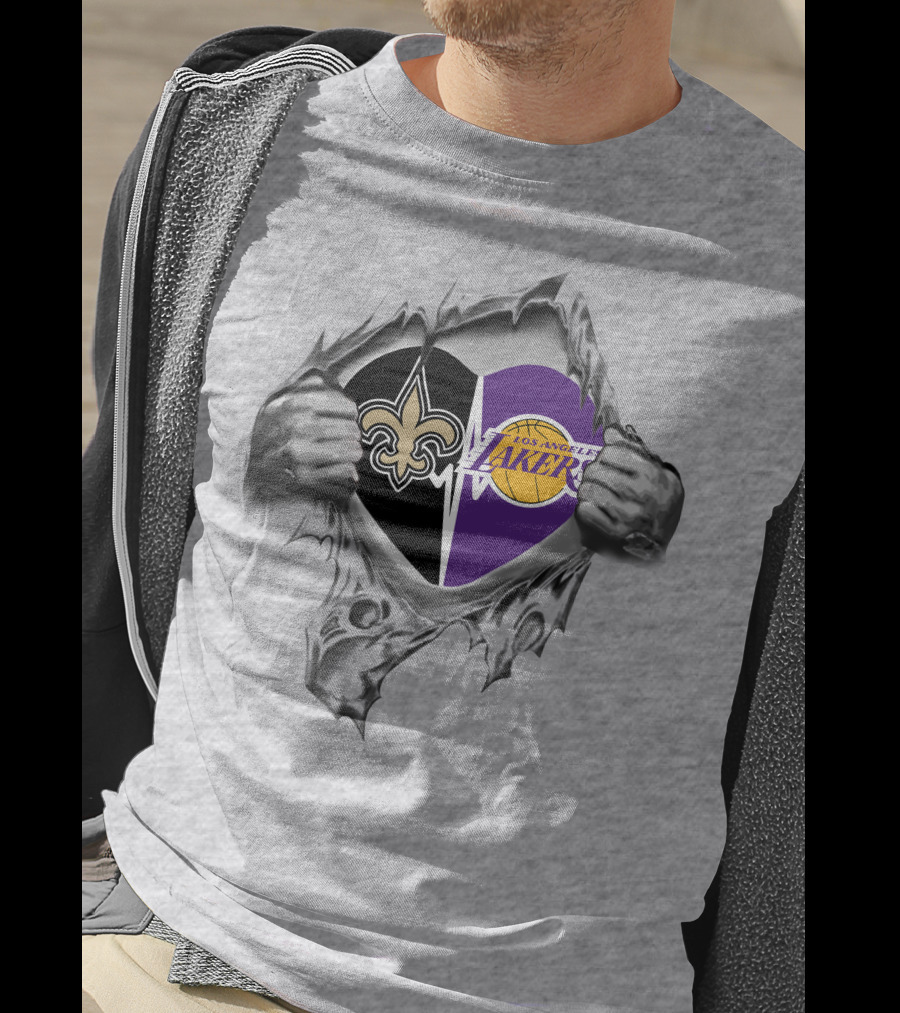 Lakers New Orleans Saints Heart With Logos Tearing T-Shirt