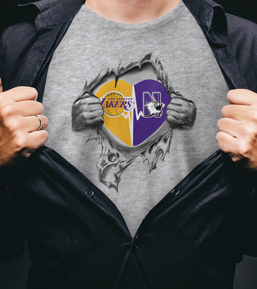 Los Angeles Lakers Northwestern Wildcats Heartbeat Hands Peeling T-Shirt
