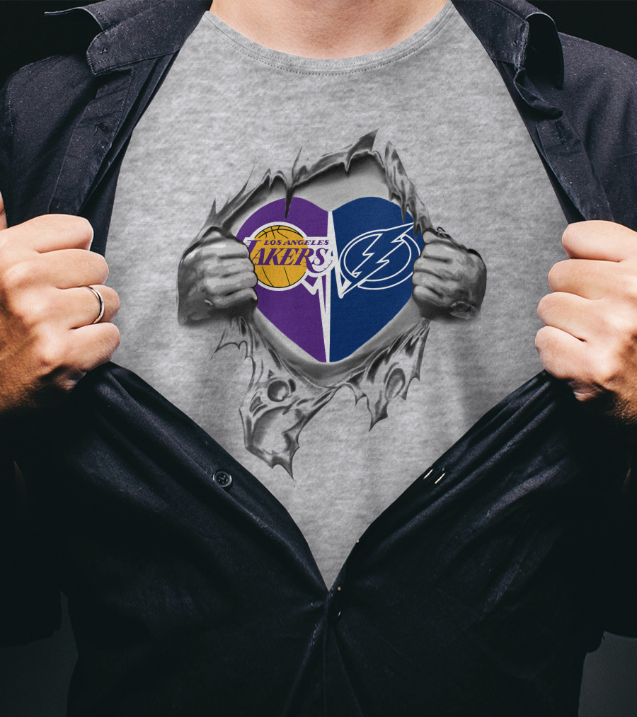 Los Angeles Lakers Tampa Bay Lightning Heart Torn Open T-Shirt