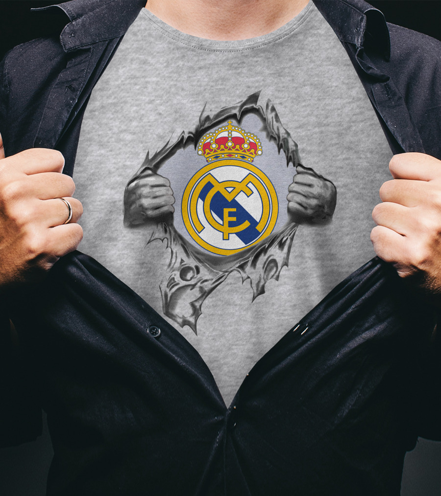 Real Madrid Super Fan Logo Symbol With Hands Ripping Through T-Shirt
