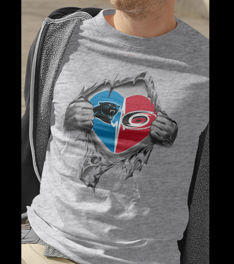Carolina Panthers Carolina Hurricanes Heart Torn Open T-Shirt