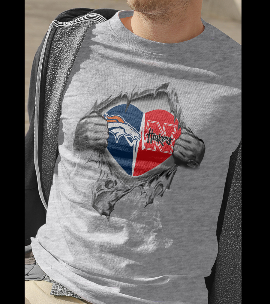 Denver Broncos Nebraska Cornhuskers Heart Symbol With Logo And Hands Peeling T-Shirt