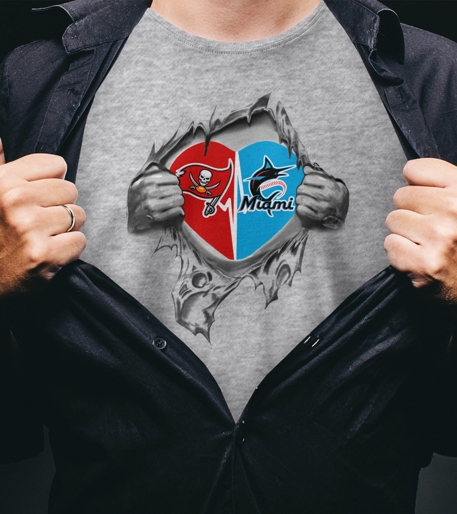 Ripped Heart Featuring Buccaneers And Marlins Logos T-Shirt