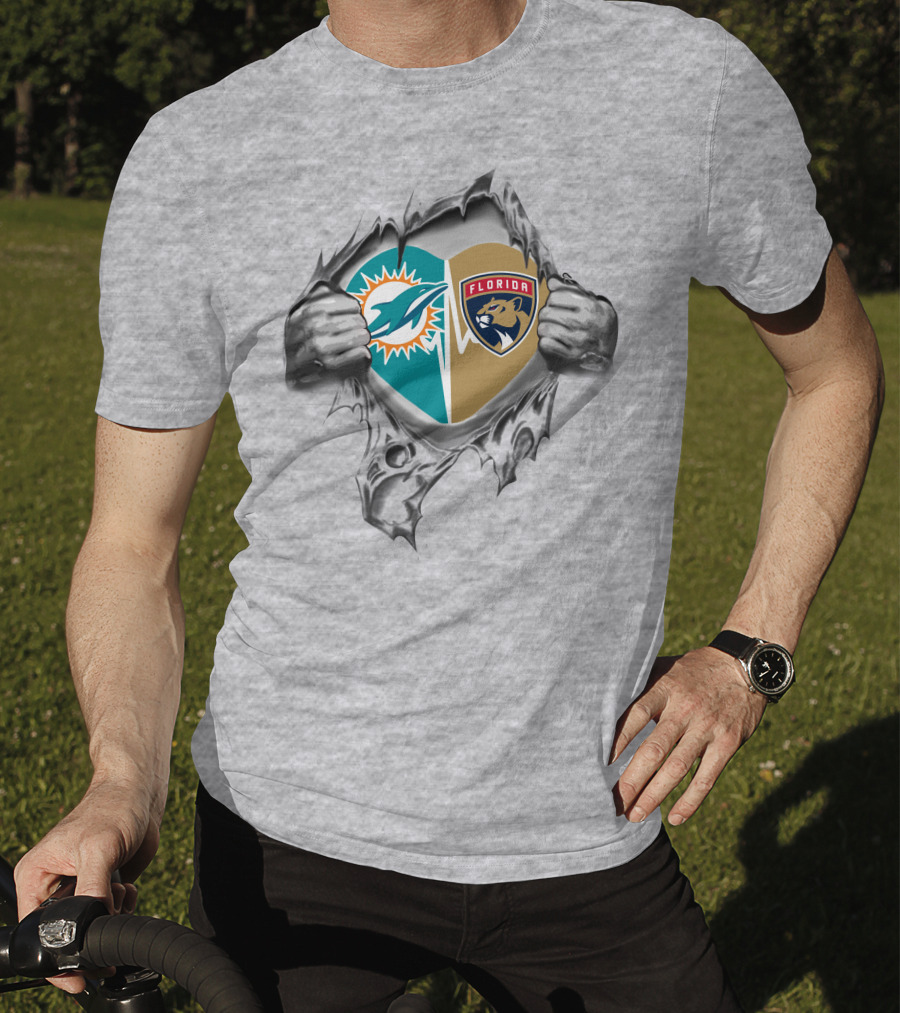 Miami Dolphins Florida Panthers Heart Design 27 Fan Tribute T-Shirt