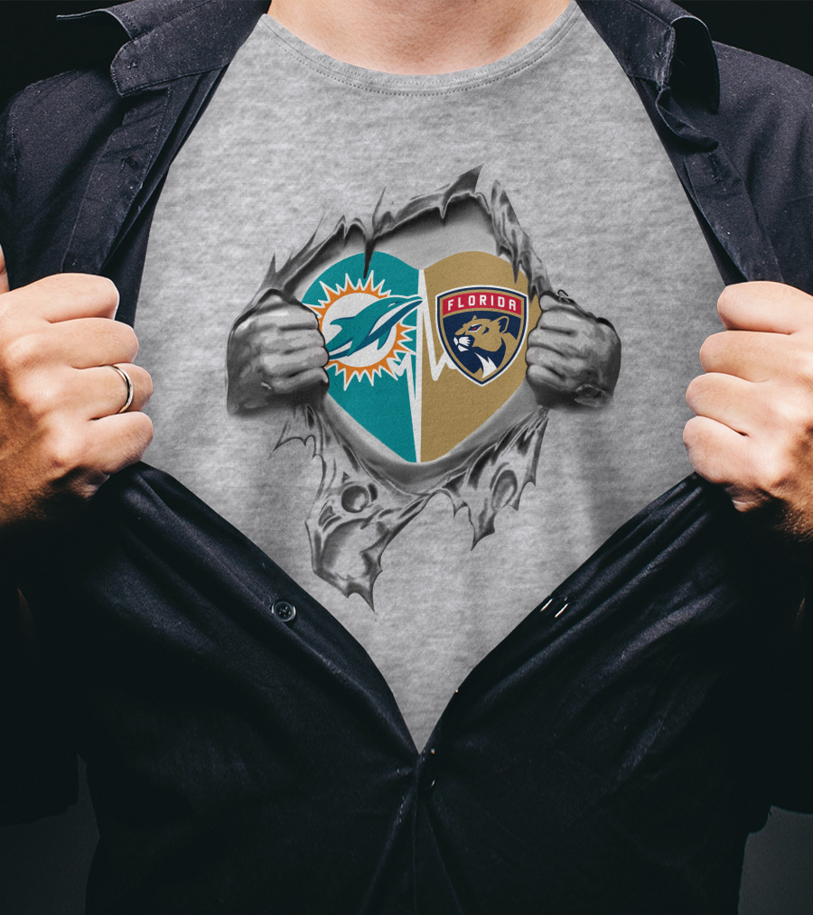 Miami Dolphins Florida Panthers Heart Design 27 Fan Tribute T-Shirt