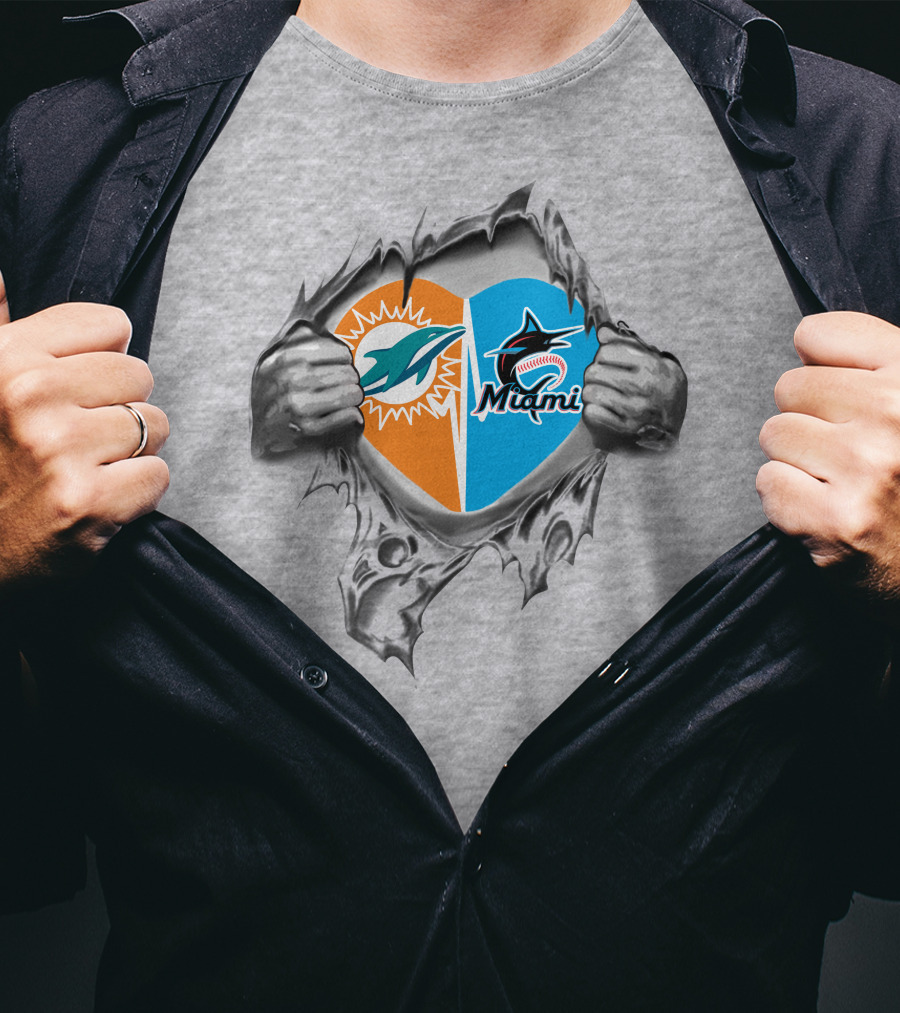 Miami Dolphins And Marlins Heart Design 28 Dolphins It's In My Heart T-Shirt