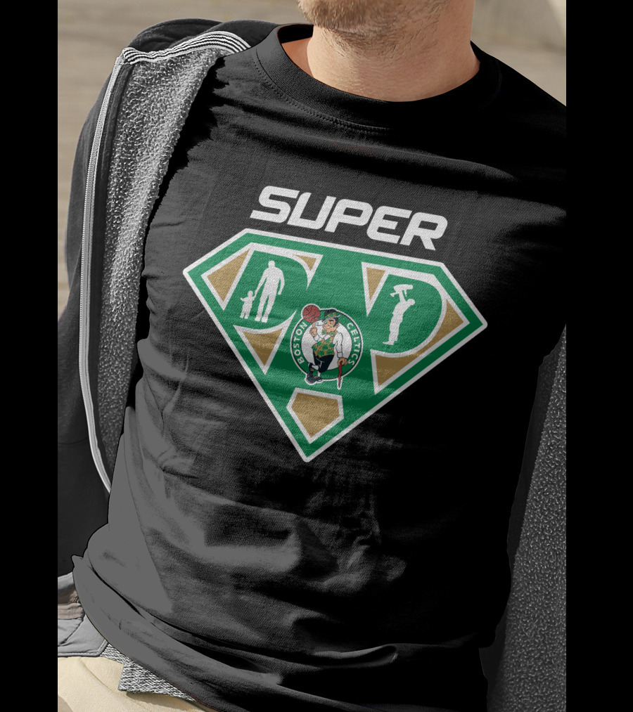 Boston Celtics Super Dad Emblem With Father Figures And Team T-Shirt
