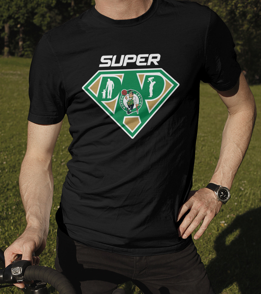 Boston Celtics Super Dad Emblem With Father Figures And Team T-Shirt