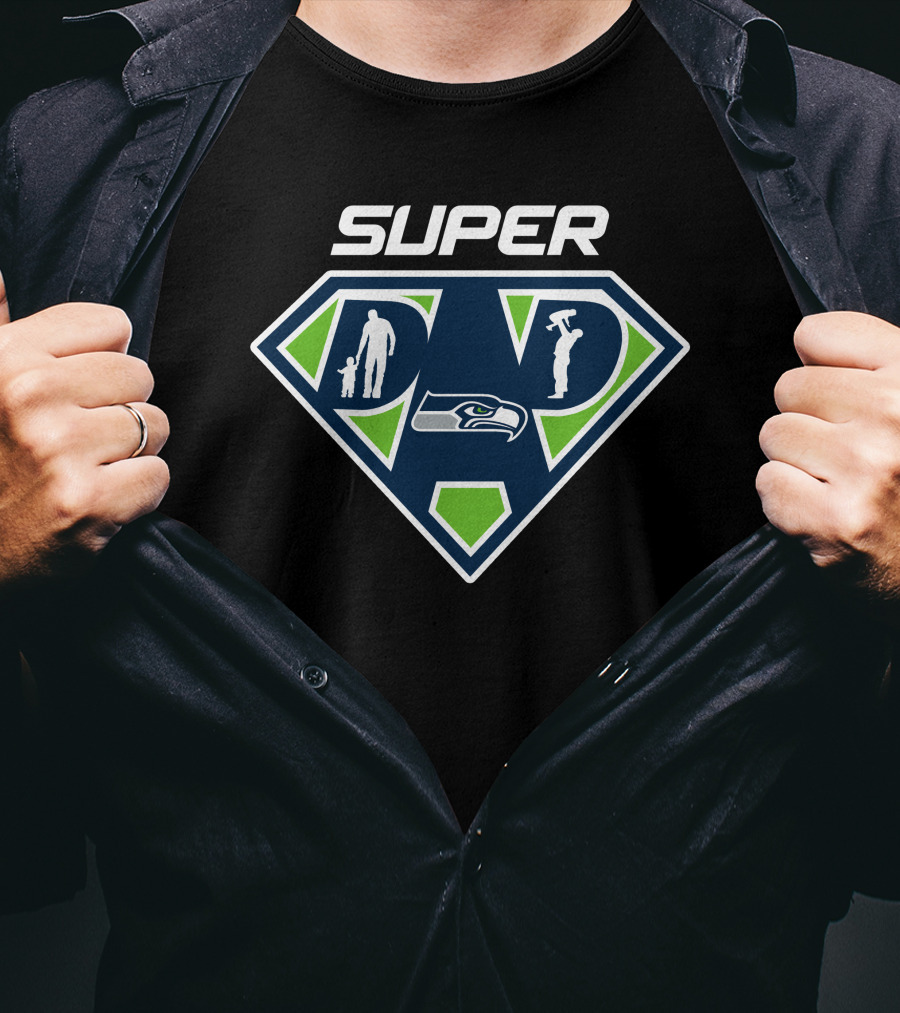 Seattle Seahawks Super Dad Hero Icon With Seahawk And Family Silhouettes T-Shirt