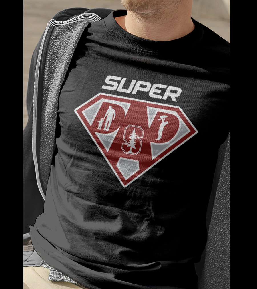 Stanford Cardinal Super Dad Hero Shield With Silhouettes And Tree T-Shirt