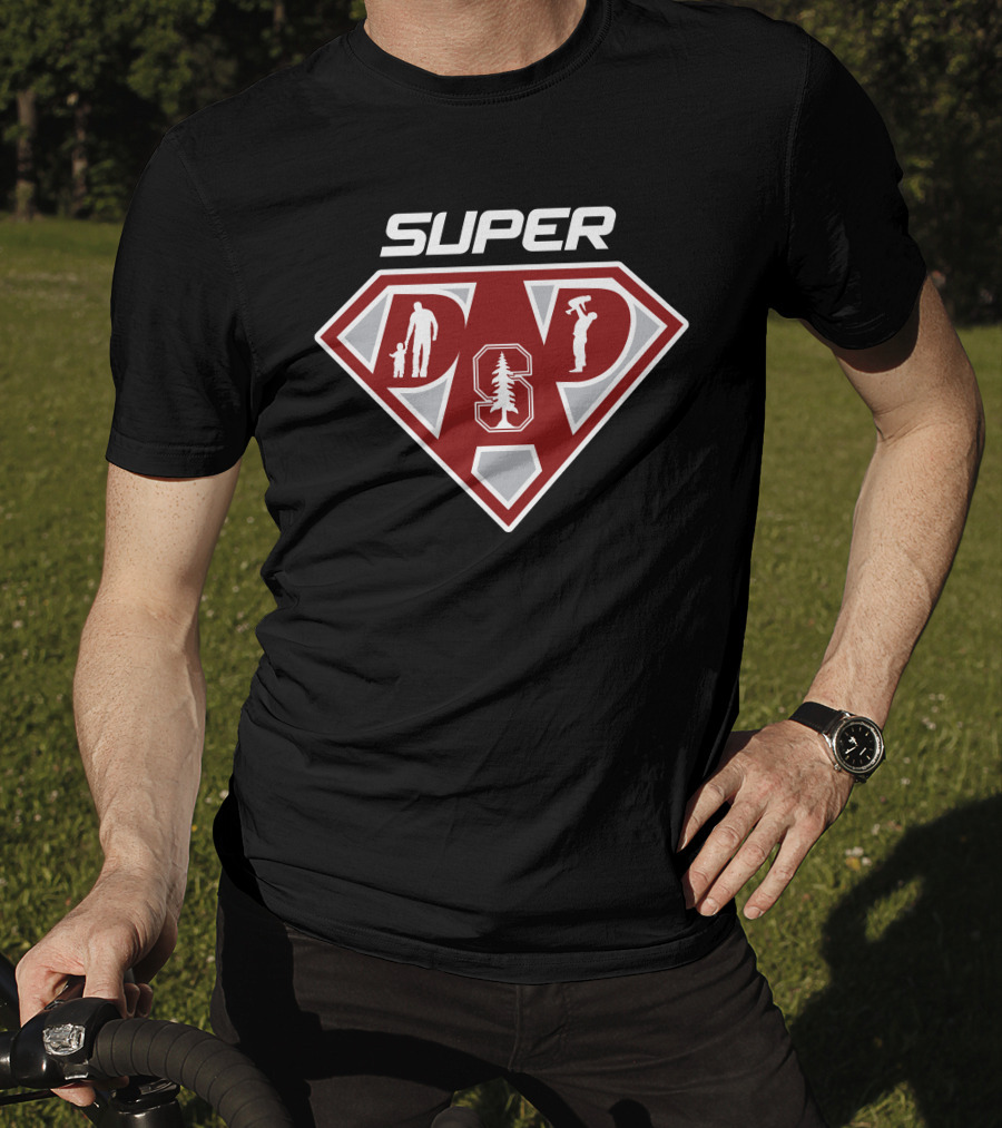 Stanford Cardinal Super Dad Hero Shield With Silhouettes And Tree T-Shirt