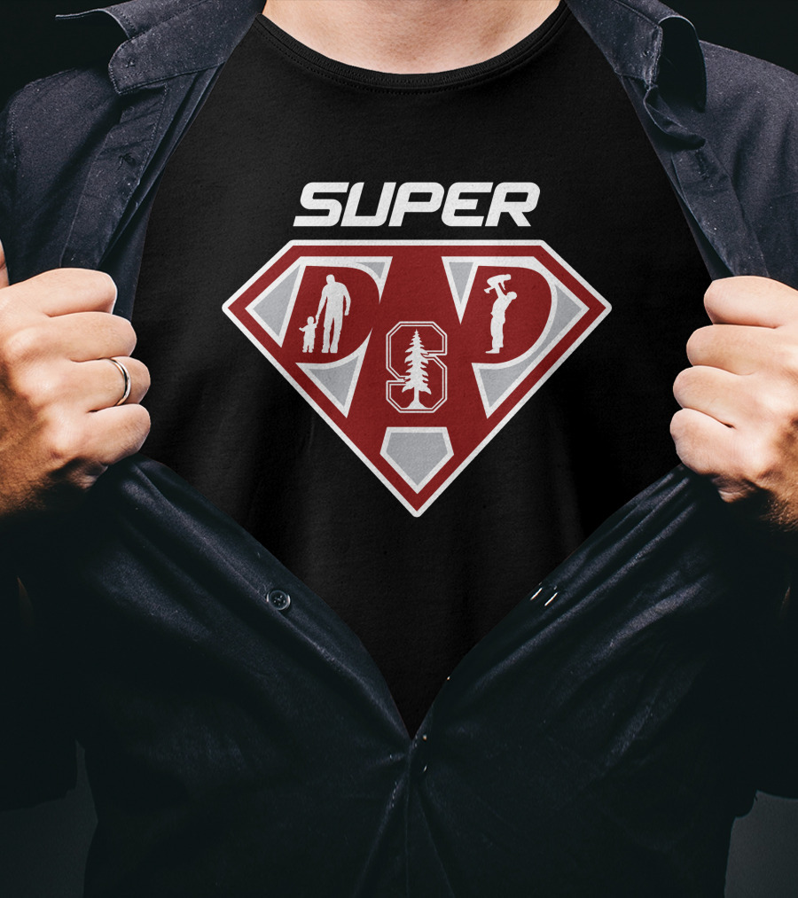 Stanford Cardinal Super Dad Hero Shield With Silhouettes And Tree T-Shirt