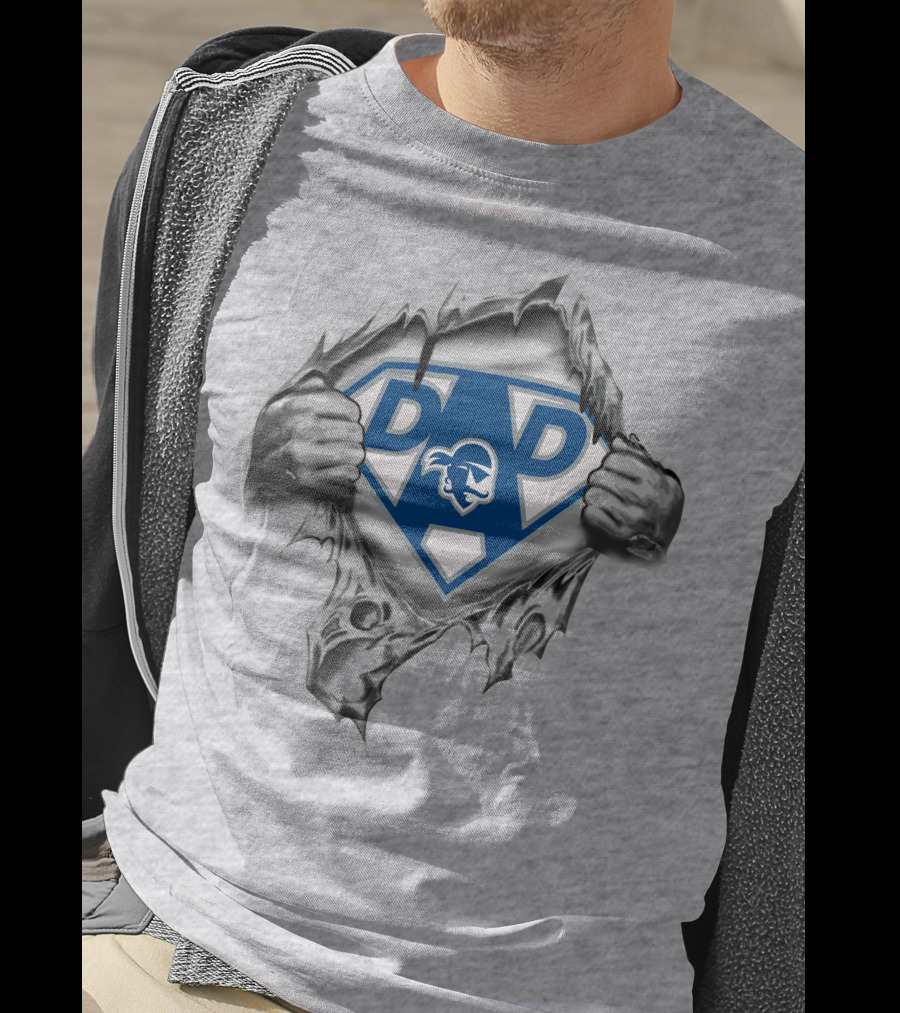 Seton Hall Pirates Super Dad Shield With Hands Ripping Through Grey Fabric T-Shirt