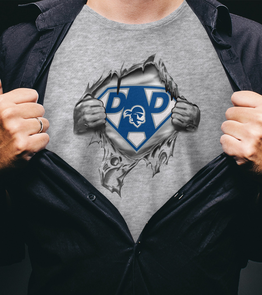 Seton Hall Pirates Super Dad Shield With Hands Ripping Through Grey Fabric T-Shirt