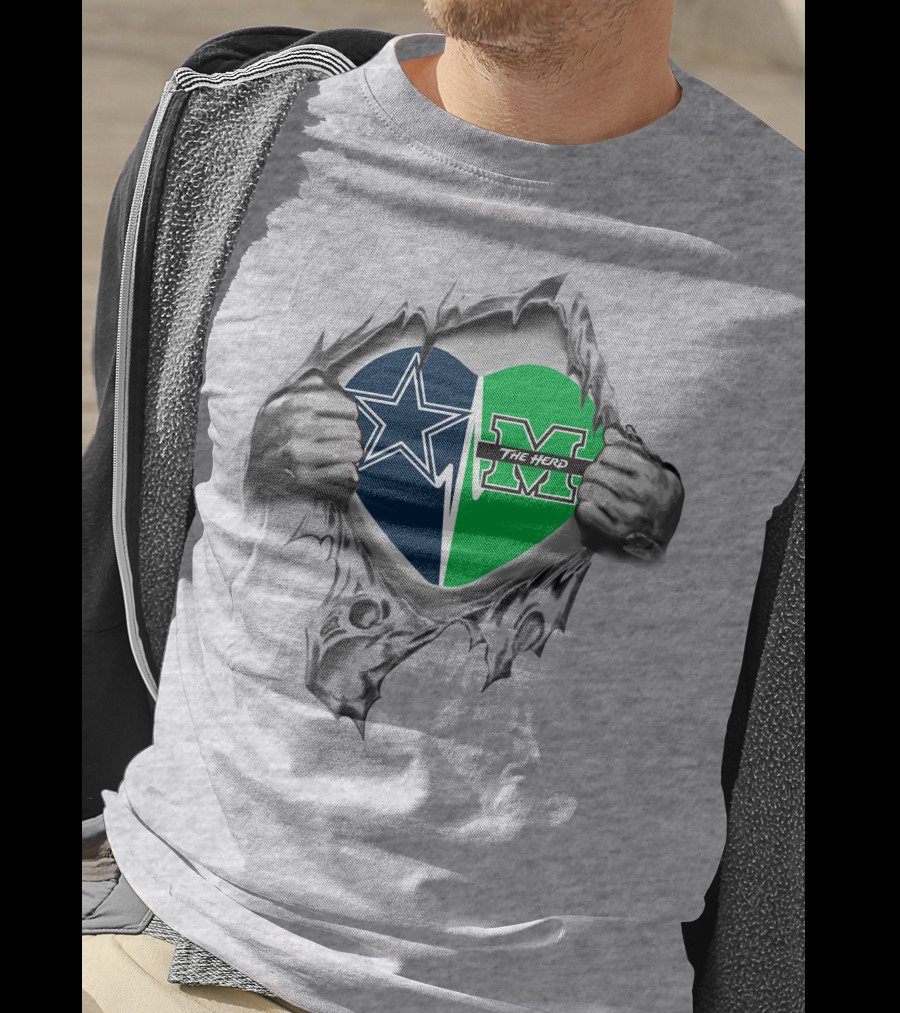 Cowboys Marshall Thundering Herd Heart Design With Star And The Herd Logos T-Shirt