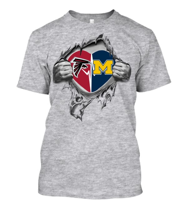 Falcons And Michigan Wolverines Heart Design With Ripped Effect T-Shirt
