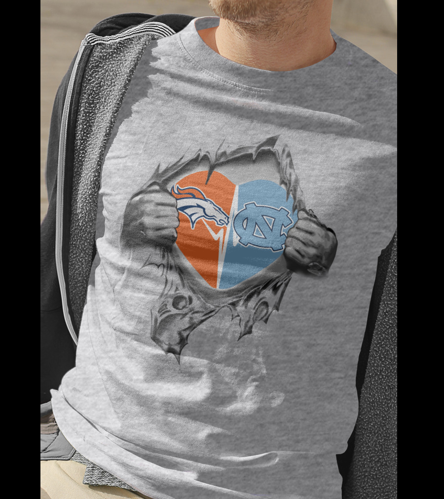 Broncos North Carolina Tar Heels Heart Cutout Logo Mashup T-Shirt