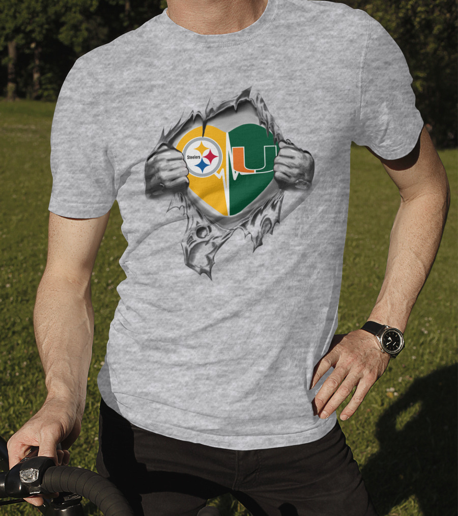 Steelers Miami Hurricanes Heart Symbol With Logos T-Shirt