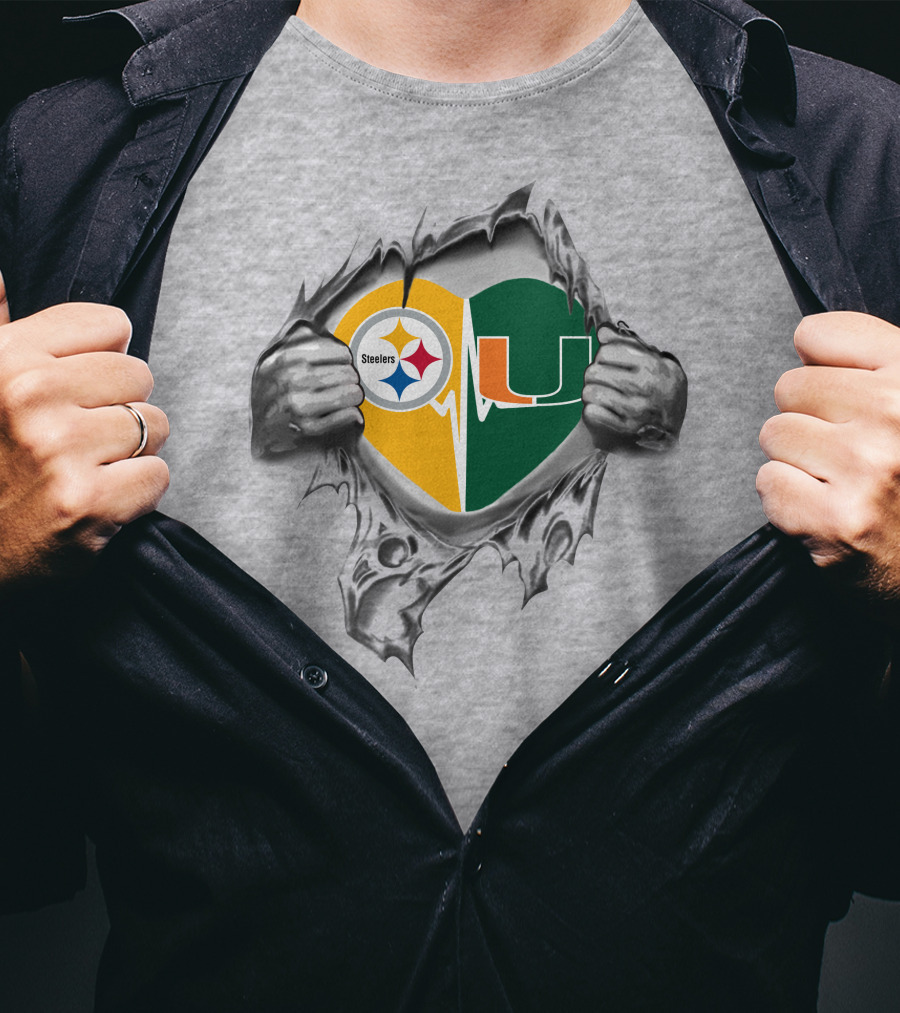 Steelers Miami Hurricanes Heart Symbol With Logos T-Shirt