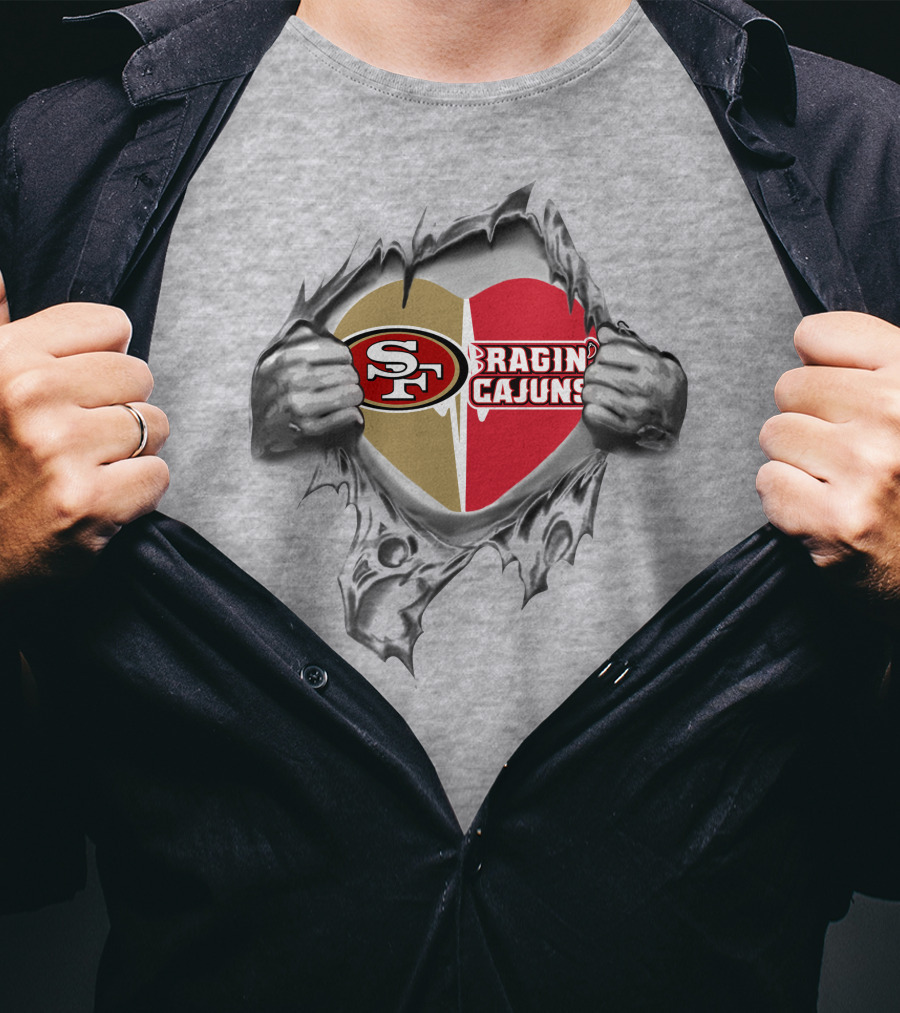 49ers Ragin' Cajuns Heart Dual Loyalty Tear-Out T-Shirt
