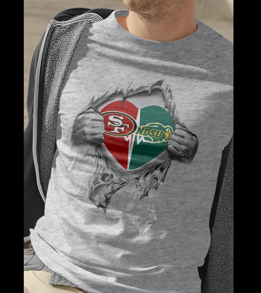 49ers North Dakota State Bison Heart Logo Tear T-Shirt