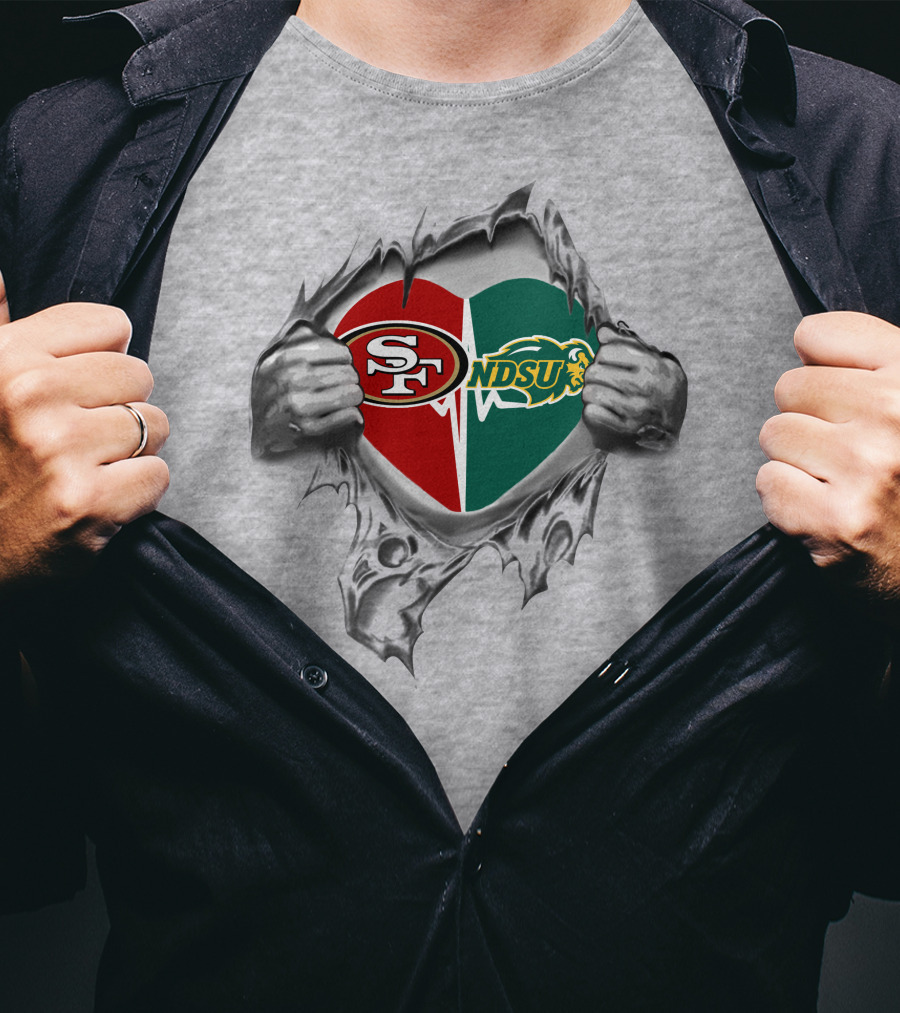 49ers North Dakota State Bison Heart Logo Tear T-Shirt