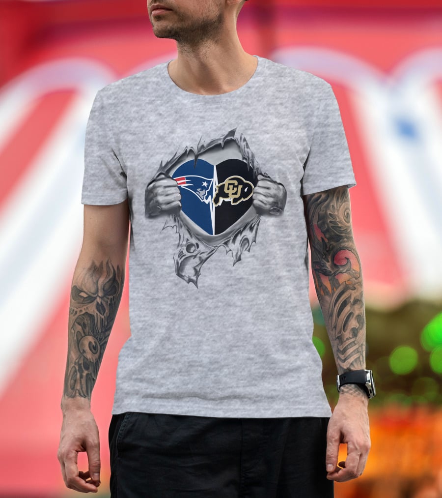 Patriots Colorado Buffaloes Heart Emblem With Tearing Hands T-Shirt