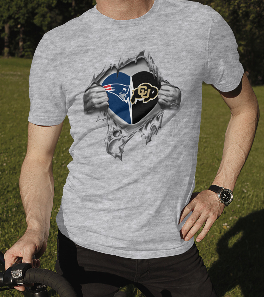 Patriots Colorado Buffaloes Heart Emblem With Tearing Hands T-Shirt