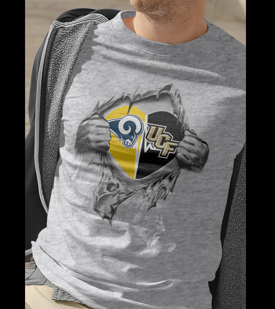Rams Ucf Knights Heart Design With Mascots In Gray T-Shirt