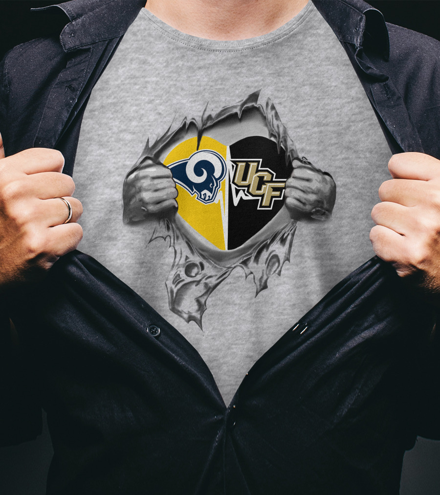 Rams Ucf Knights Heart Design With Mascots In Gray T-Shirt