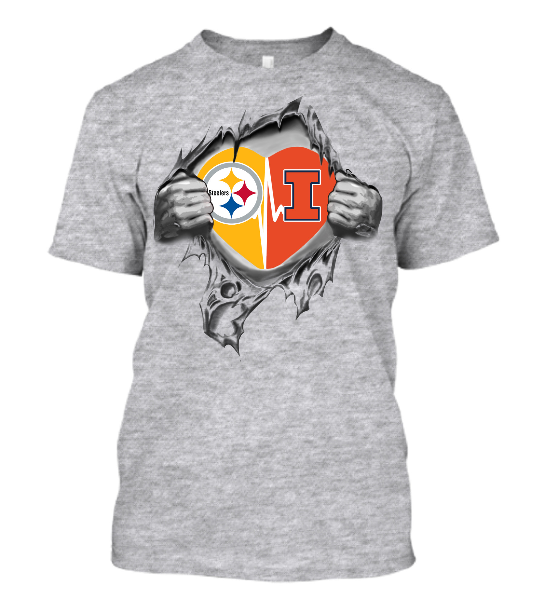 Steelers Illinois Fighting Illini Heart Logo Tearing T-Shirt