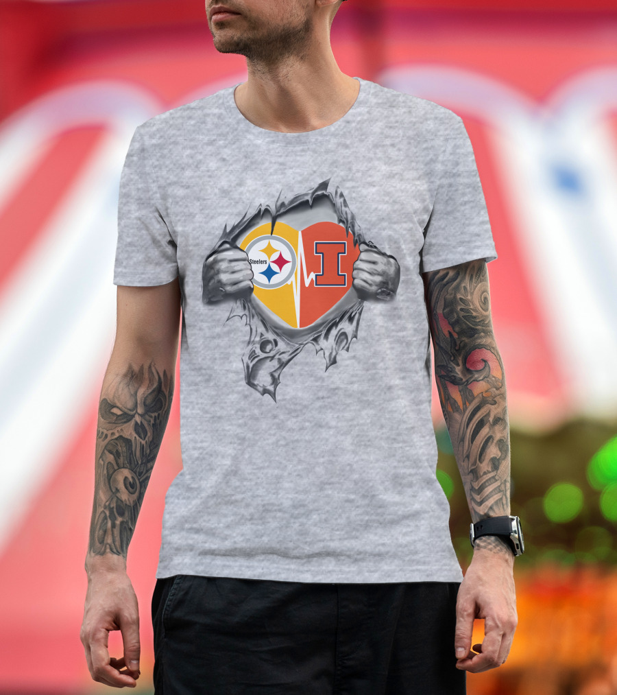 Steelers Illinois Fighting Illini Heart Logo Tearing T-Shirt