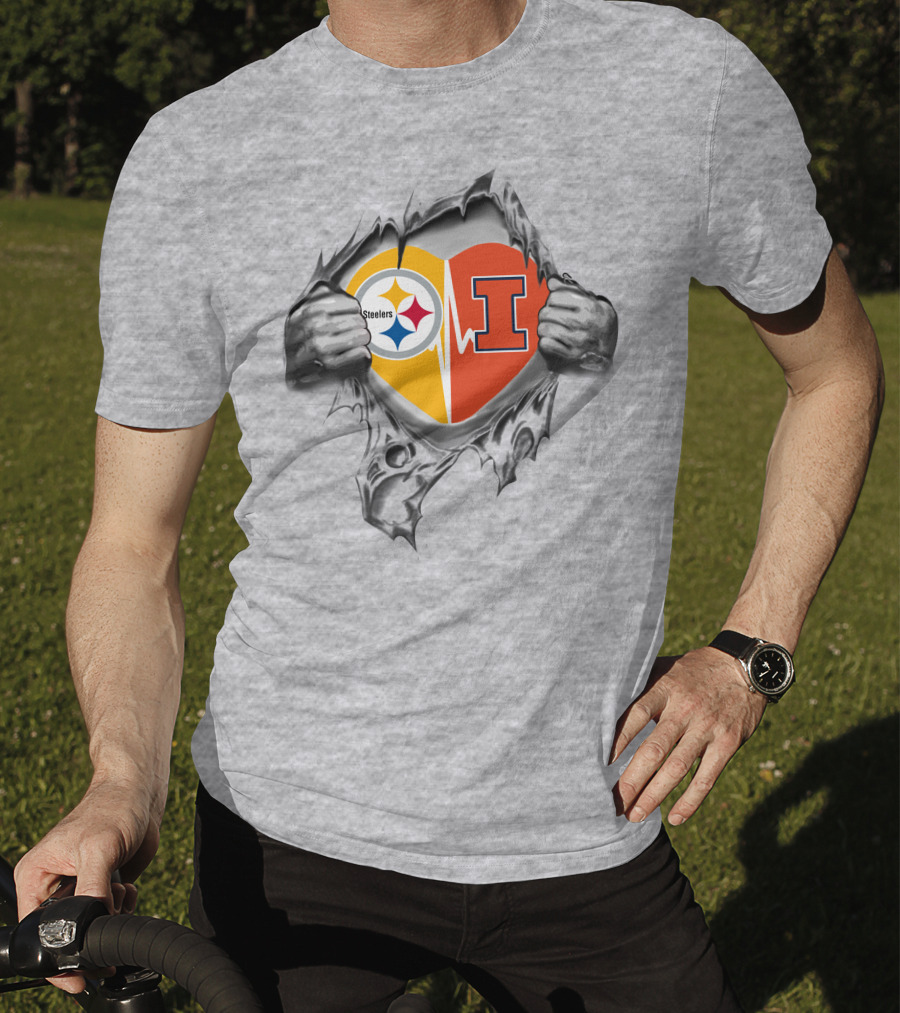 Steelers Illinois Fighting Illini Heart Logo Tearing T-Shirt
