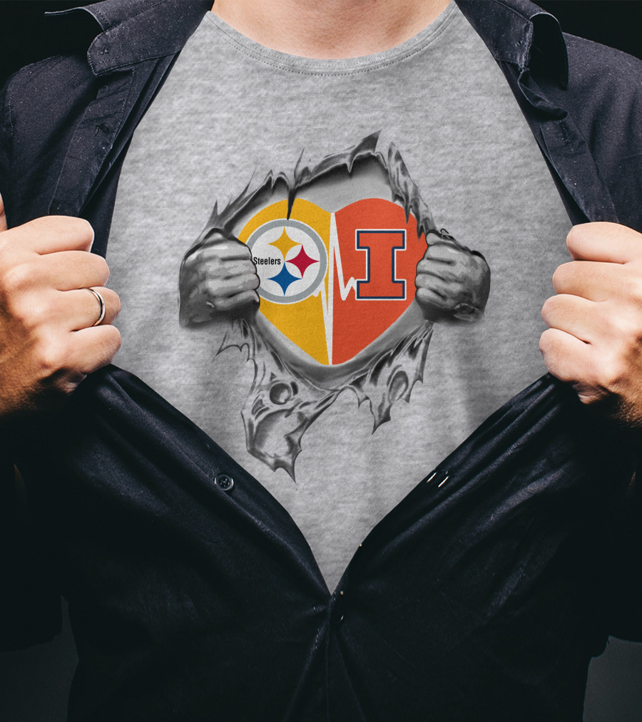 Steelers Illinois Fighting Illini Heart Logo Tearing T-Shirt
