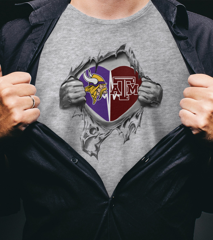 Vikings Texas A&M Aggies Heart With Logos Hidden Inside Ripped T-Shirt