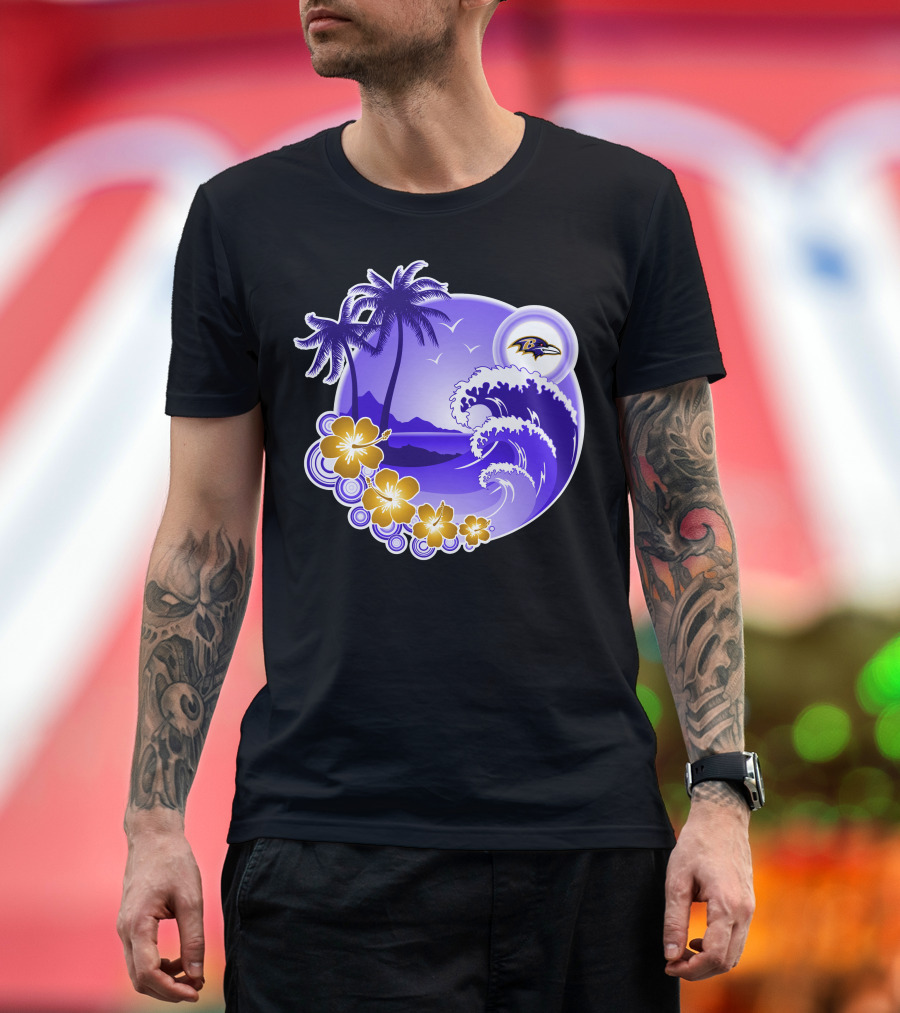 Baltimore Ravens Happy Holidays Tropical Paradise With Wave And Flowers T-Shirt