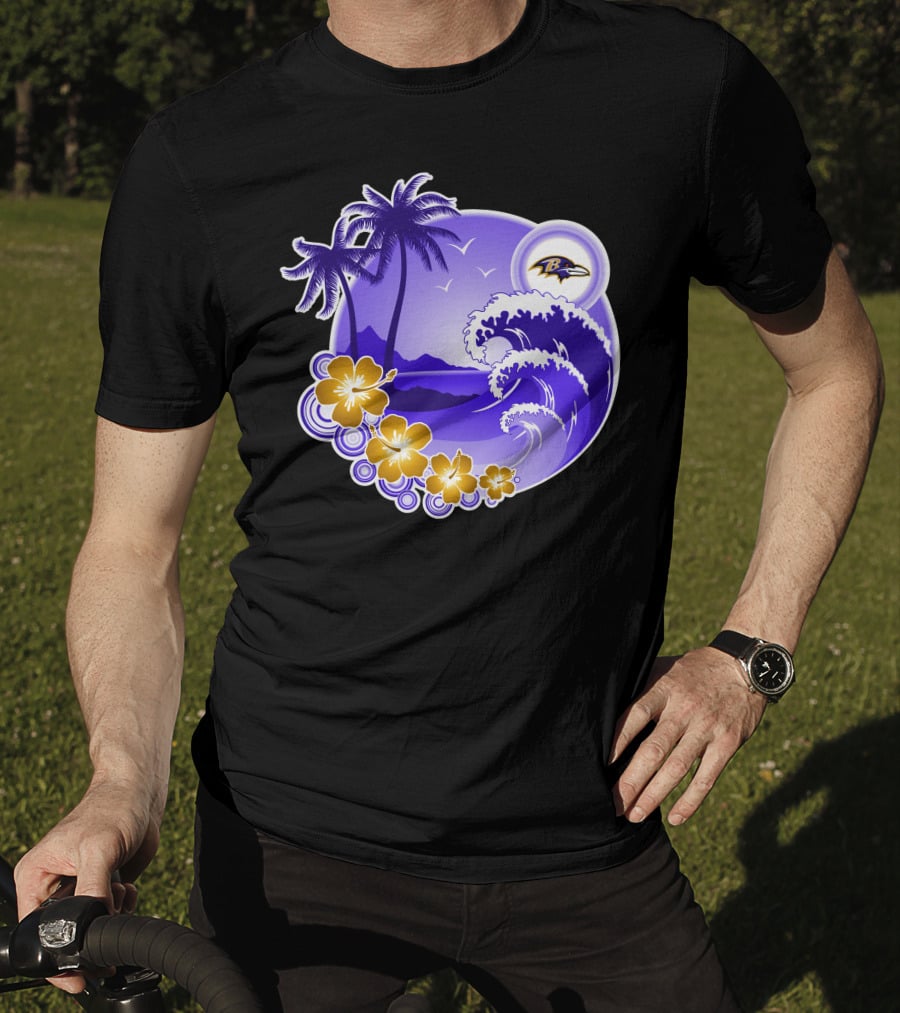 Baltimore Ravens Happy Holidays Tropical Paradise With Wave And Flowers T-Shirt