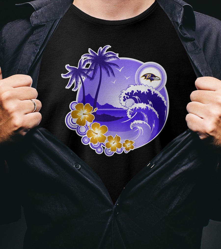 Baltimore Ravens Happy Holidays Tropical Paradise With Wave And Flowers T-Shirt
