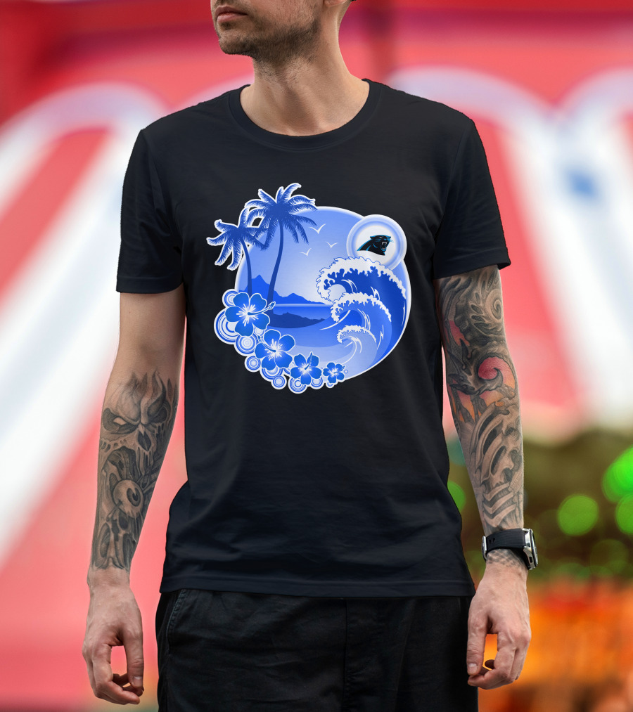 Carolina Panthers Happy Holidays Tropical Wave And Palm Trees T-Shirt