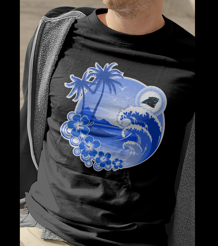 Carolina Panthers Happy Holidays Tropical Wave And Palm Trees T-Shirt