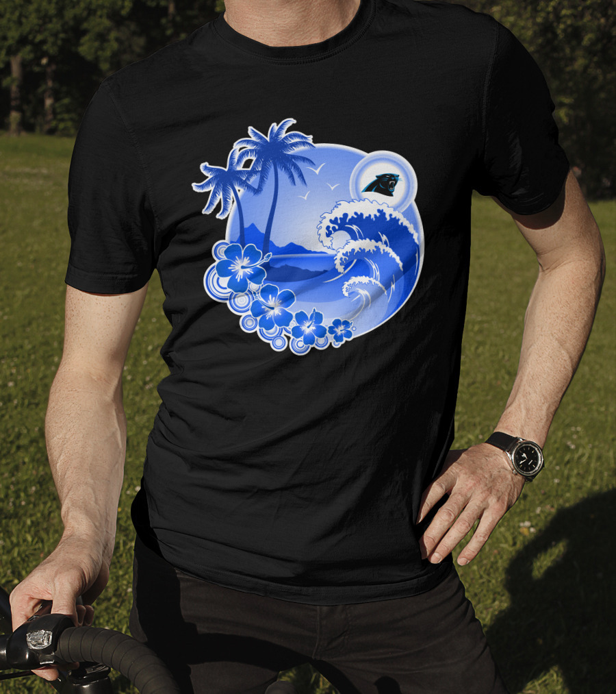 Carolina Panthers Happy Holidays Tropical Wave And Palm Trees T-Shirt
