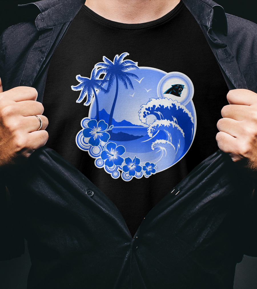 Carolina Panthers Happy Holidays Tropical Wave And Palm Trees T-Shirt