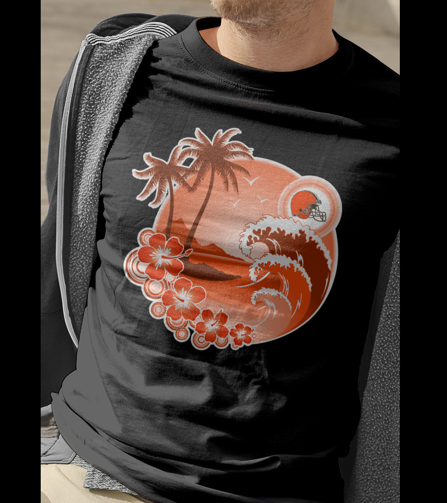 Cleveland Browns Holiday Tropical Beach Scene With Flowers And Helmet T-Shirt