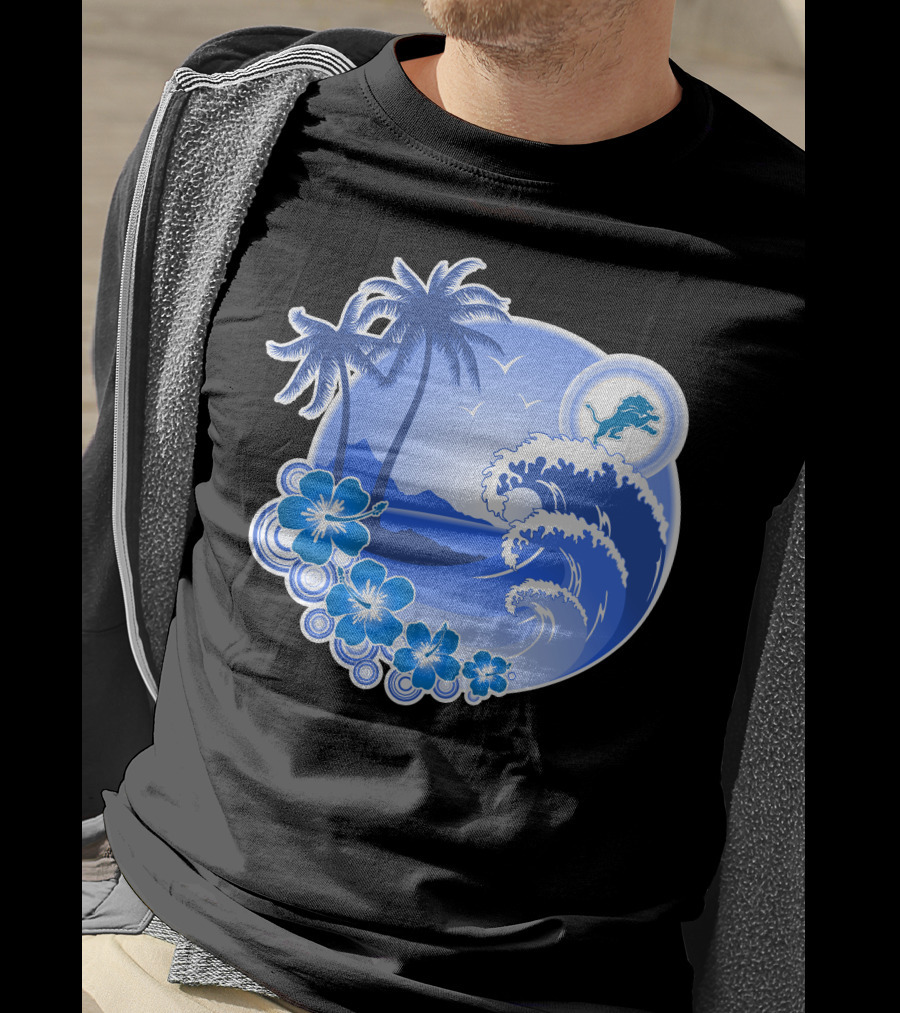 Detroit Lions Happy Holidays Tropical Wave And Palm Trees T-Shirt