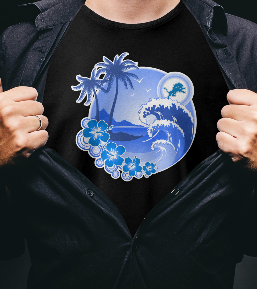 Detroit Lions Happy Holidays Tropical Wave And Palm Trees T-Shirt