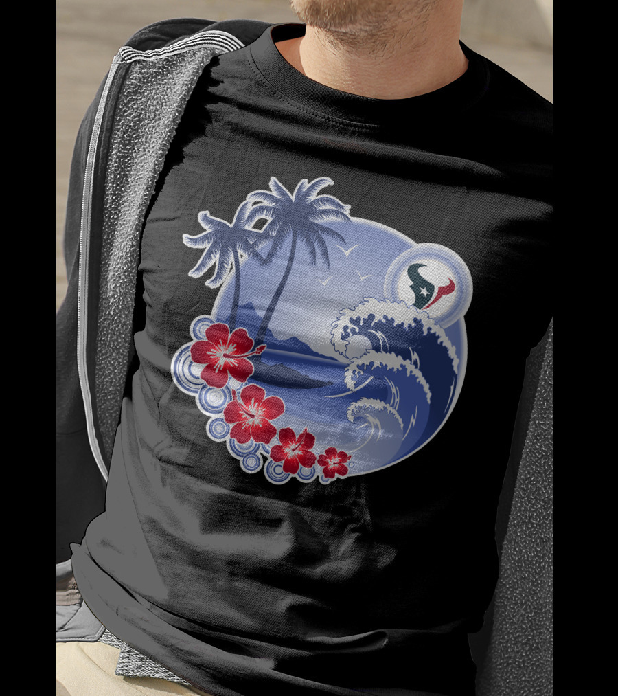 Houston Texans Happy Holidays Tropical Floral Beach Waves T-Shirt