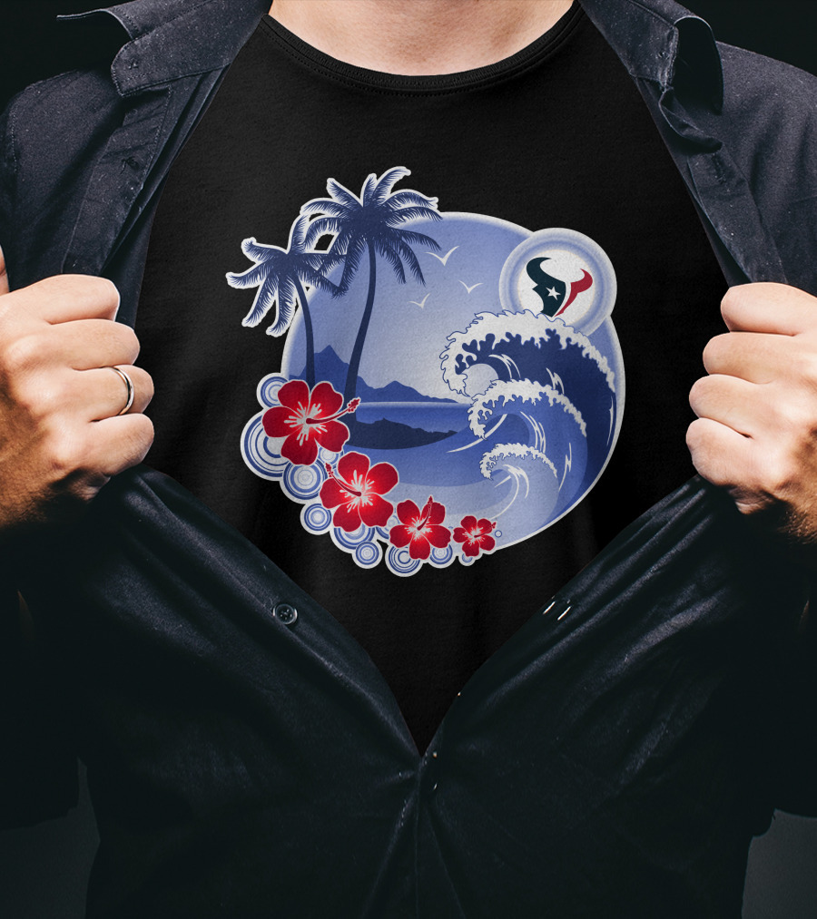 Houston Texans Happy Holidays Tropical Floral Beach Waves T-Shirt