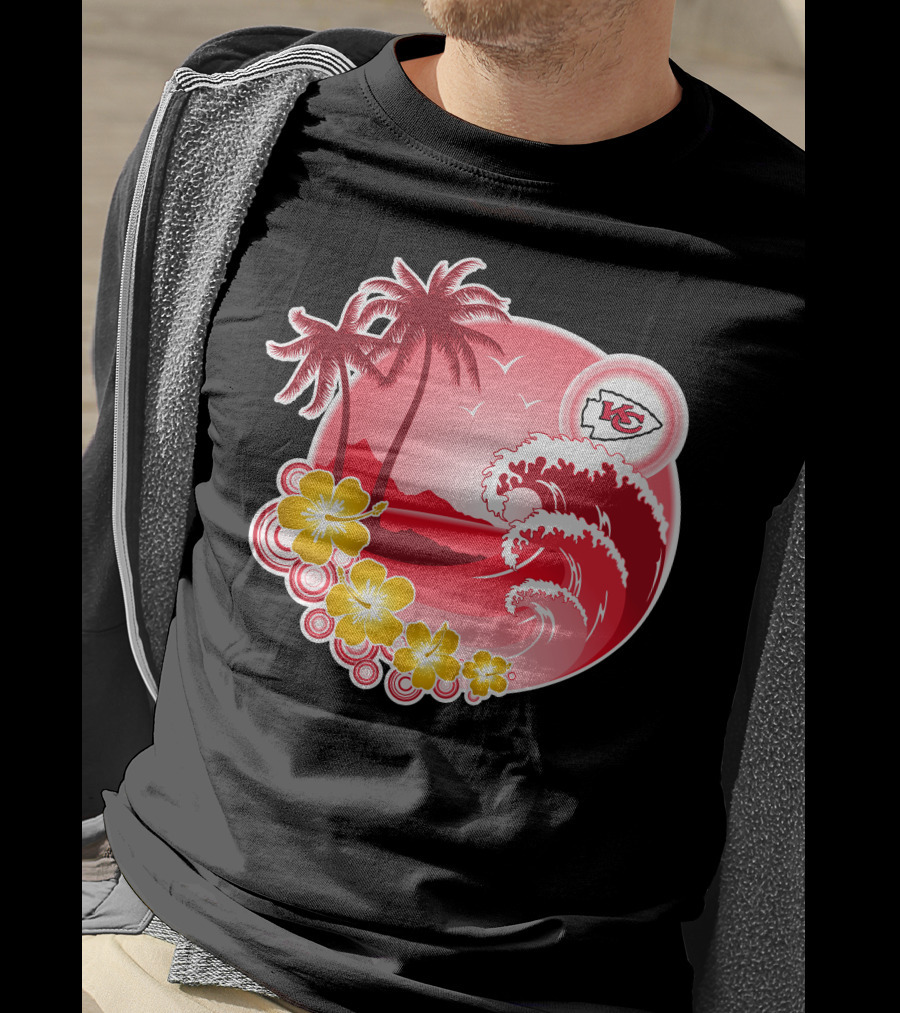 Kansas City Chiefs Happy Holidays Beach Wave Palm Trees Flowers Red T-Shirt