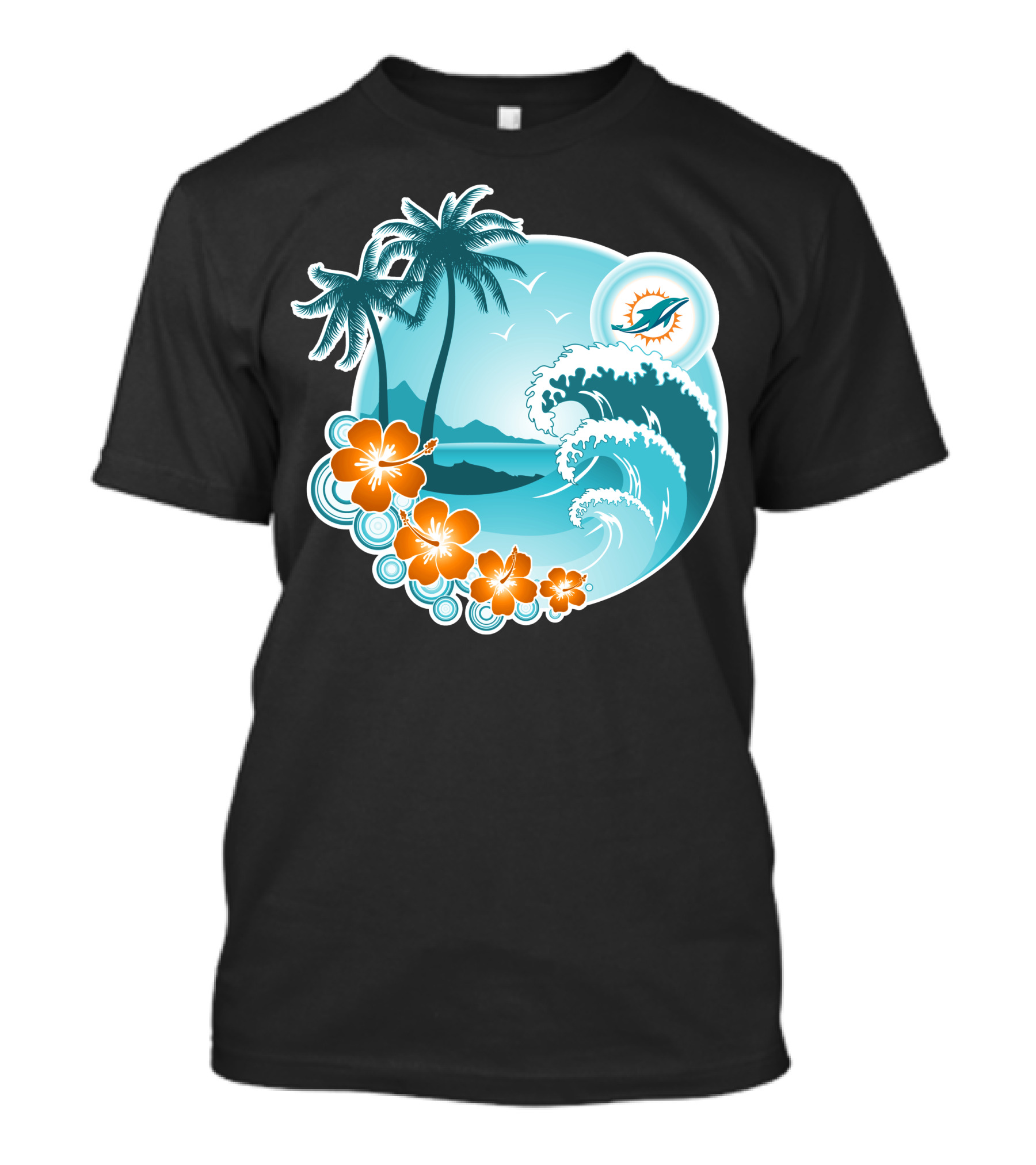 Miami Dolphins Happy Holidays Tropical Wave And Palm Trees Scene T-Shirt